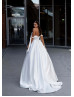 Tie Straps Beaded White Satin Slit Elegant Wedding Dress